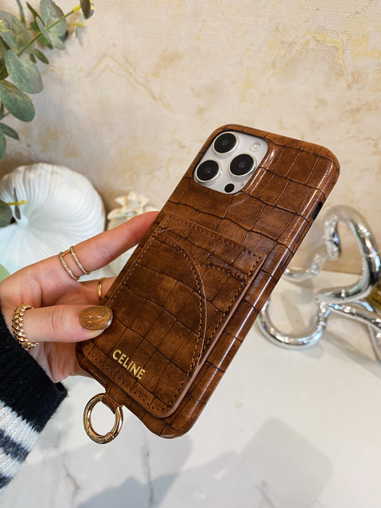 Puzdro na iPhone Alligator Print Celine s držiakom karty a remienkom hnedé -EYP241415