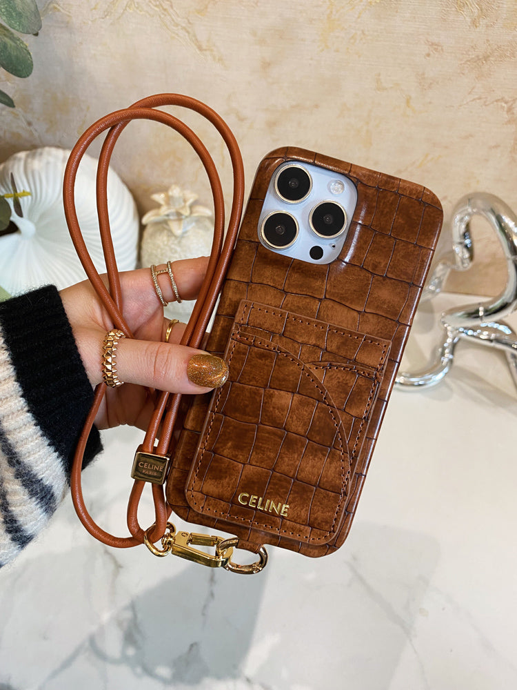 Puzdro na iPhone Alligator Print Celine s držiakom karty a remienkom hnedé -EYP241415
