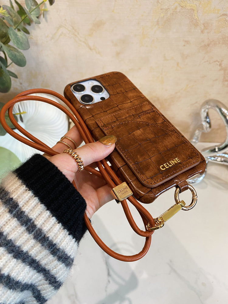 Puzdro na iPhone Alligator Print Celine s držiakom karty a remienkom hnedé -EYP241415