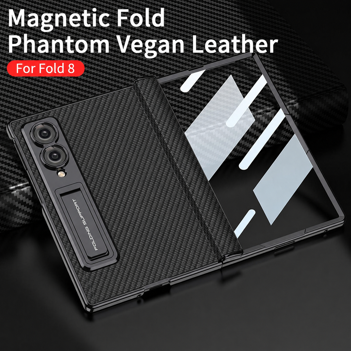 Bőr tok Galaxy Z Fold8/7/6 Wide Ultra készülékhez – Aranyfényű váz, beépített edzett üvegfólia és rejtett kitámasztó
