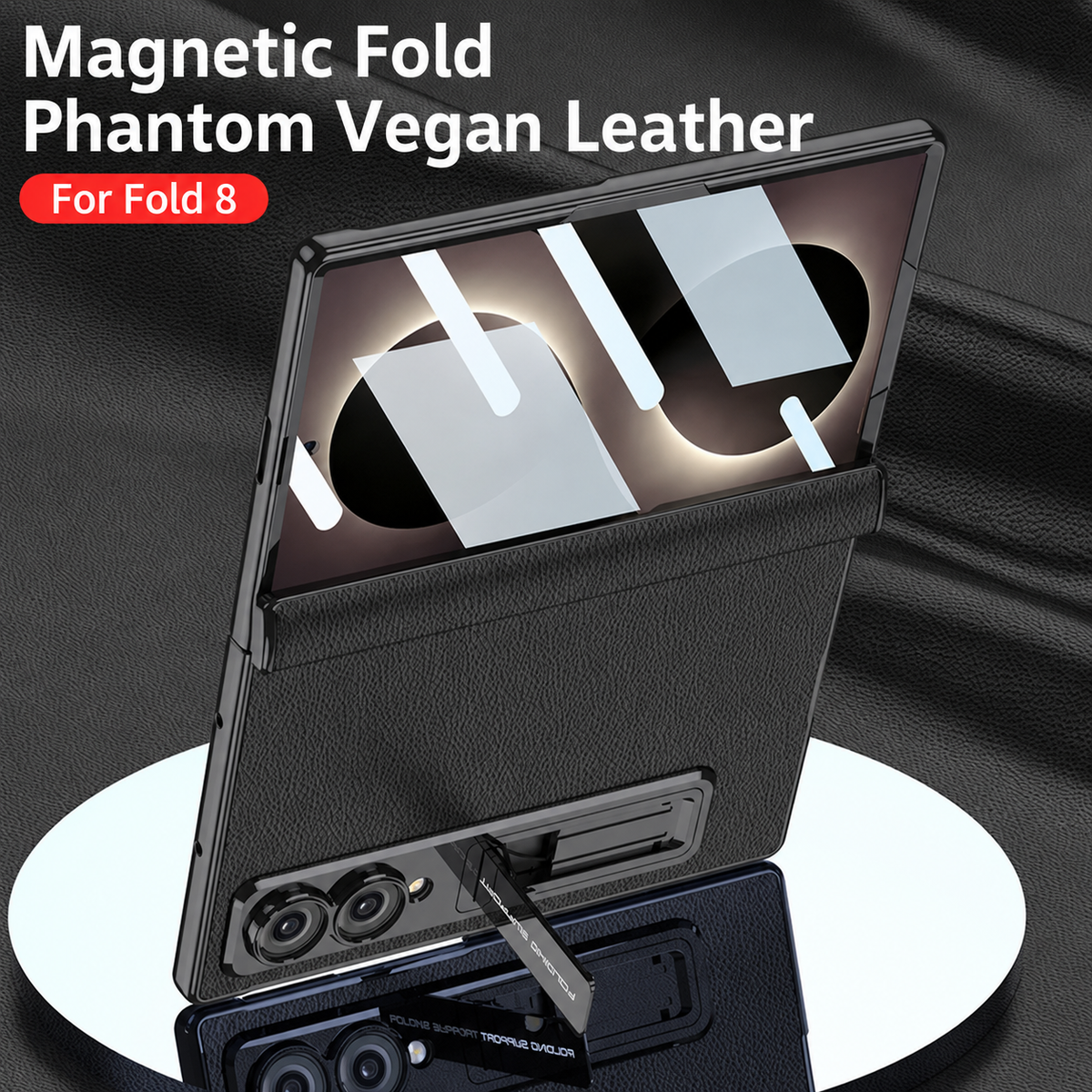 Bőr tok Galaxy Z Fold8/7/6 Wide Ultra készülékhez – Aranyfényű váz, beépített edzett üvegfólia és rejtett kitámasztó
