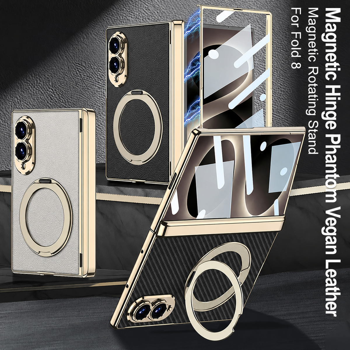 Lujosa funda de cuero chapada en oro para teléfono con vidrio templado incorporado y soporte magnético para Galaxy Z Fold 8/7 Wide Ultra