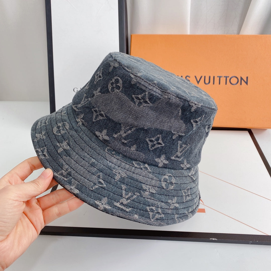 Sombrero de cubo de mezclilla jacquard con monograma de lujo 1v para hombres y mujeres