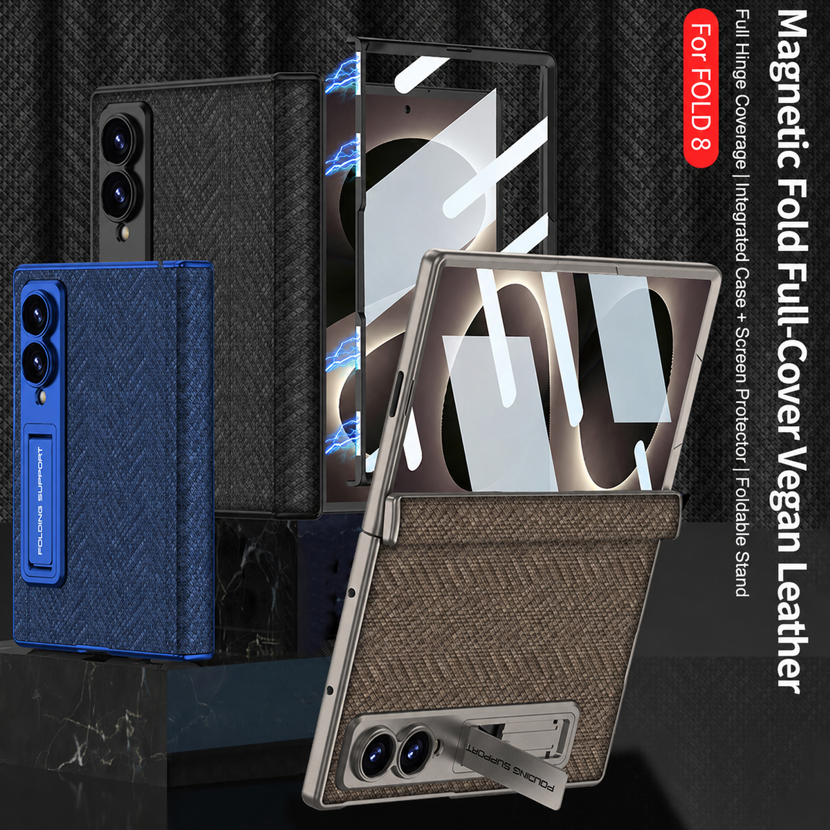 Lujosa funda de cuero para teléfono con vidrio templado incorporado y soporte para Galaxy Z Fold 8/7 Wide Ultra