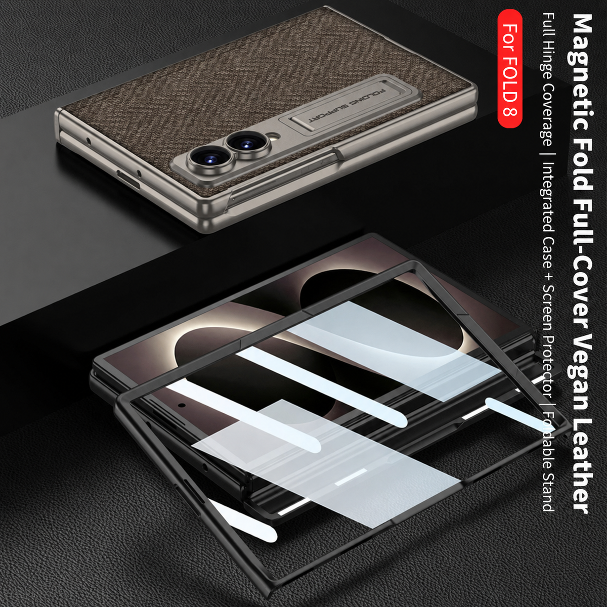 Lujosa funda de cuero para teléfono con vidrio templado incorporado y soporte para Galaxy Z Fold 8/7 Wide Ultra