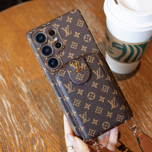 Funda de cuero avanzada para teléfono Samsung con billetera y correa.