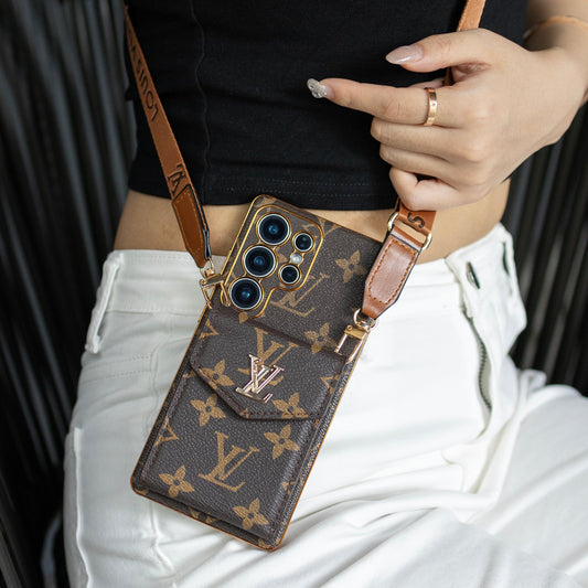 Luxury Classic Leather Samsung Case With Card Wallet And Strap