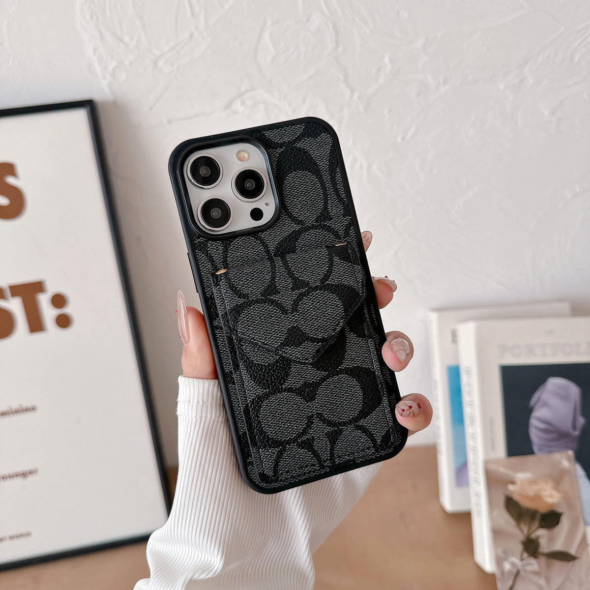 Klassiek iPhone-hoesje met kaarthouder en riem Lichtzwart -SJ240513