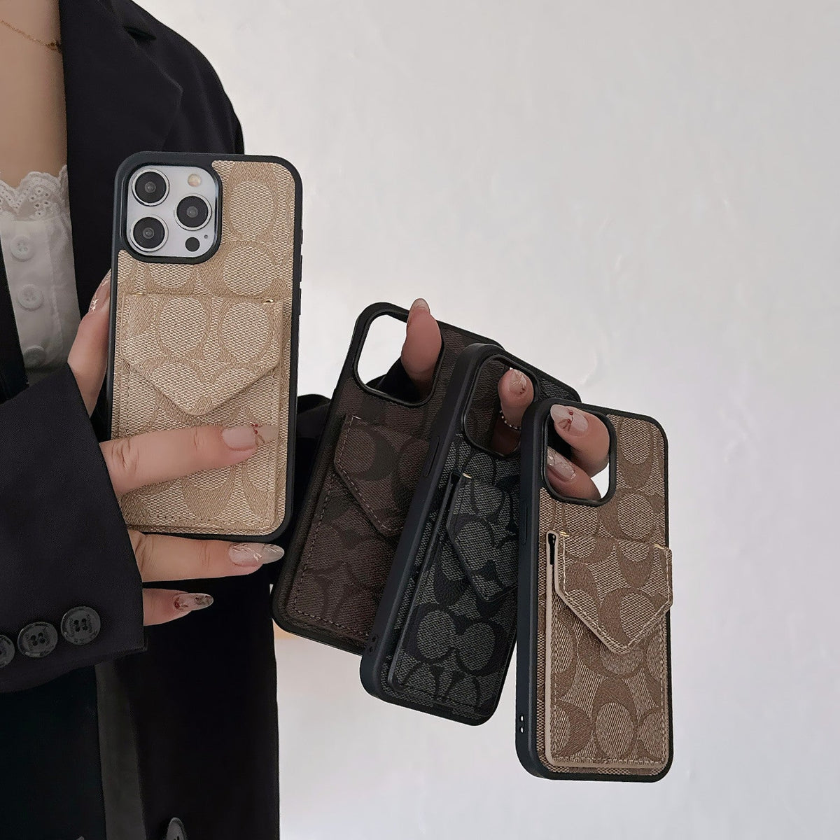 Klassiek iPhone-hoesje met kaarthouder en riem Lichtzwart -SJ240513