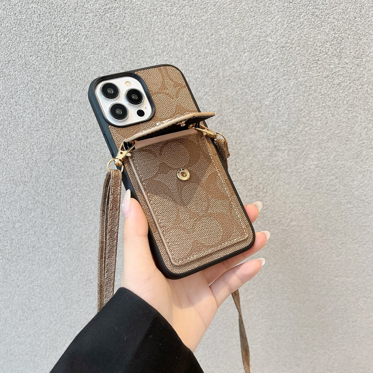 Klassiek iPhone-hoesje met kaarthouder en riem Lichtbruin -SJ240513