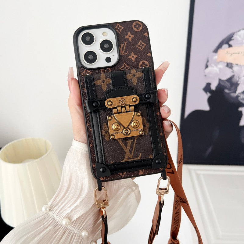Luxe bruin iPhone-hoesje met crossbody-ketting