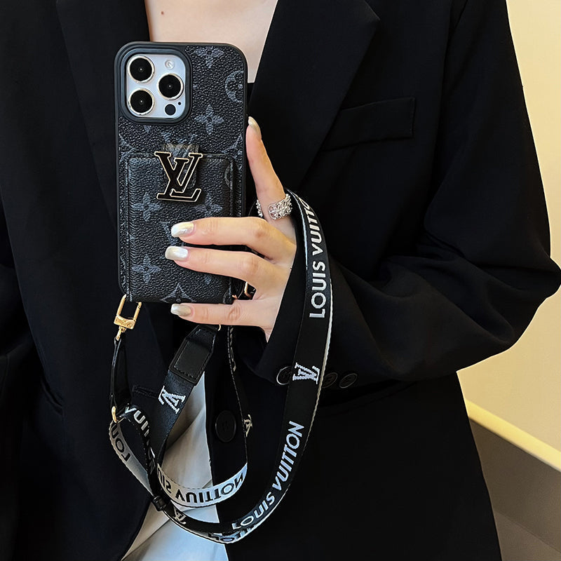 Funda de iPhone con cadena de bolso de tarjeta de lujo negro