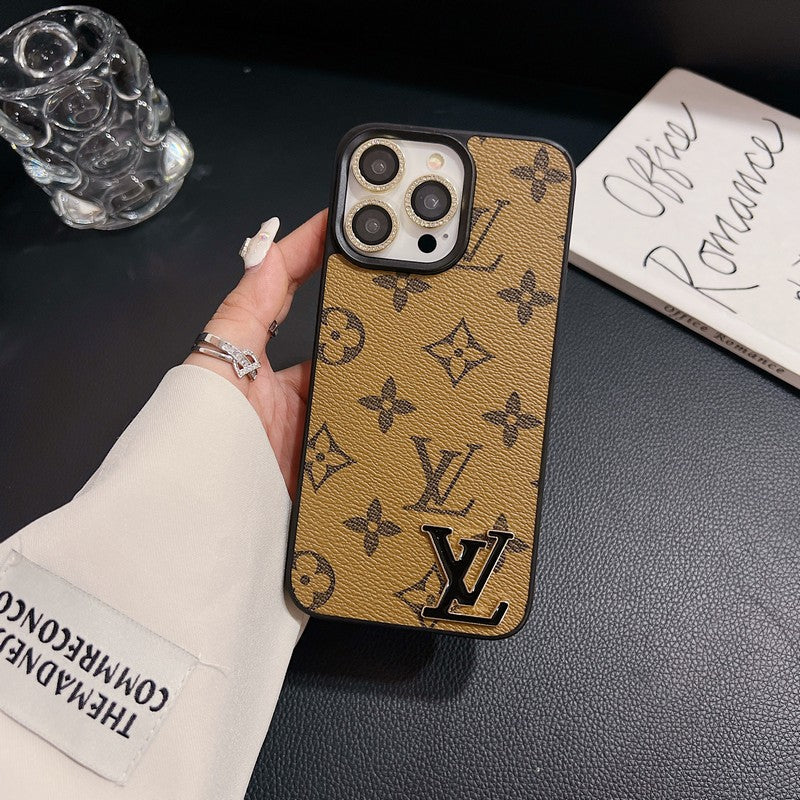 Funda de lujo para iPhone de cuero con logotipo negro
