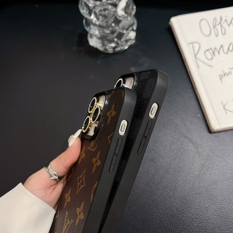 Funda de lujo para iPhone de cuero con logotipo negro