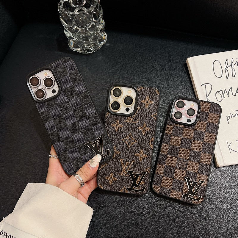 Funda de lujo para iPhone de cuero con logotipo negro