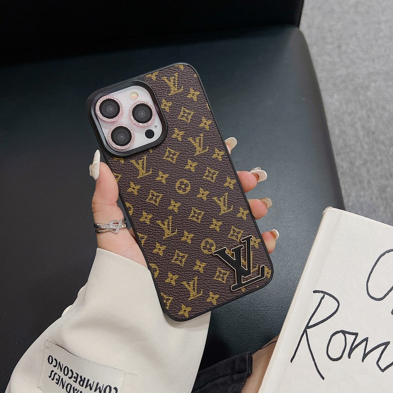 Funda de lujo para iPhone de cuero con logotipo negro