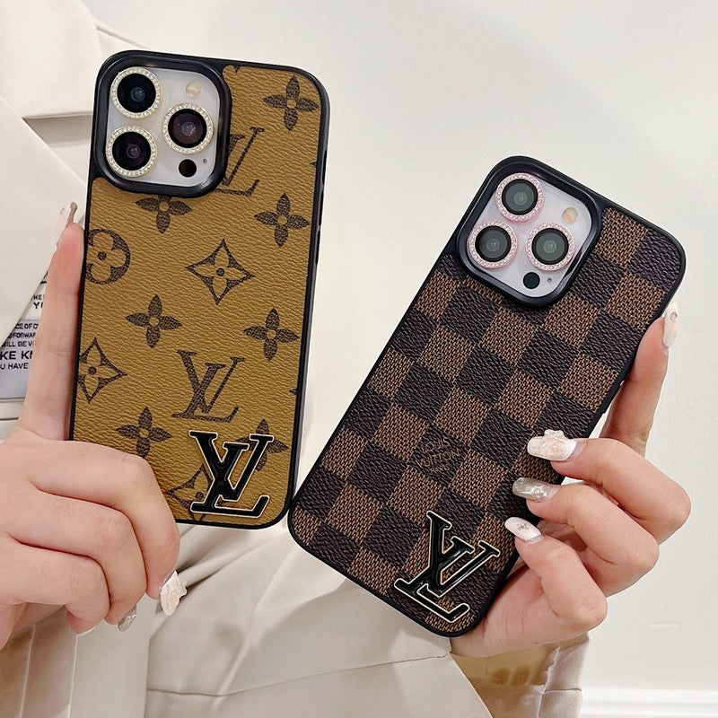 Funda de lujo para iPhone de cuero con logotipo negro