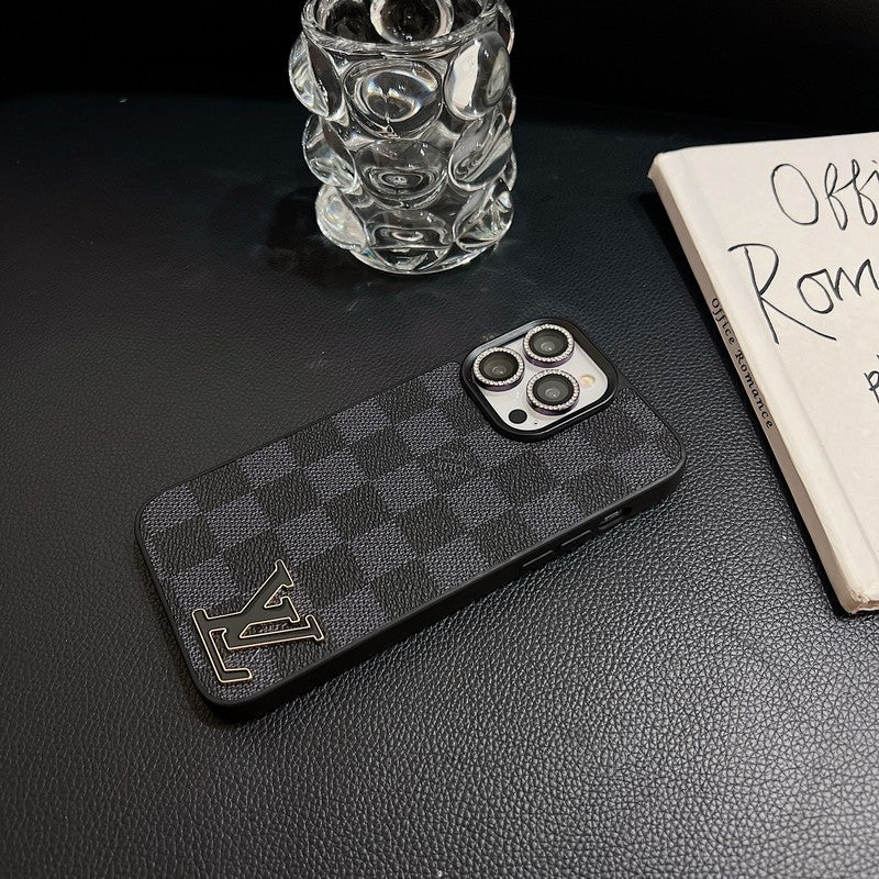 Funda de lujo para iPhone de cuero con logotipo negro