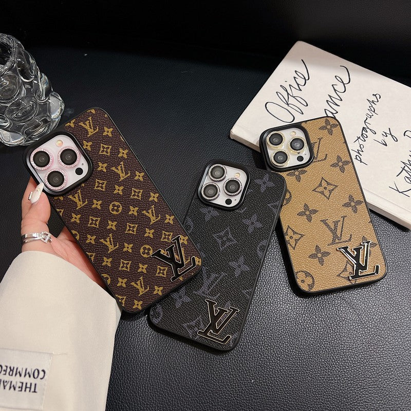 Funda de lujo para iPhone de cuero con logotipo negro