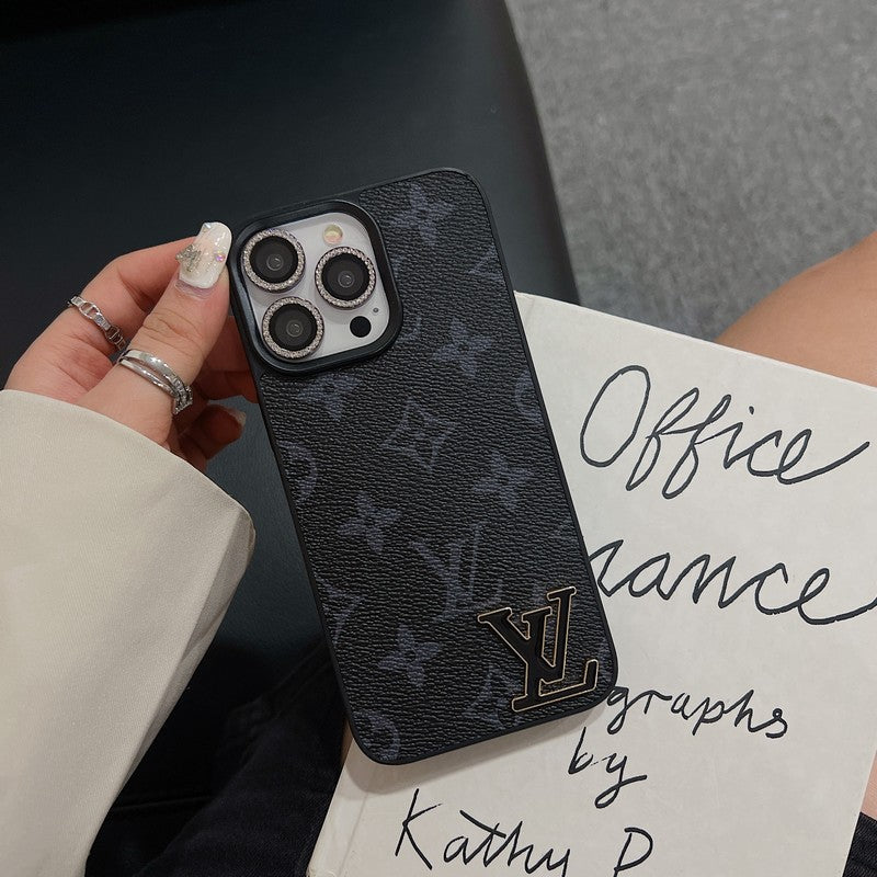 Funda de lujo para iPhone de cuero con logotipo negro