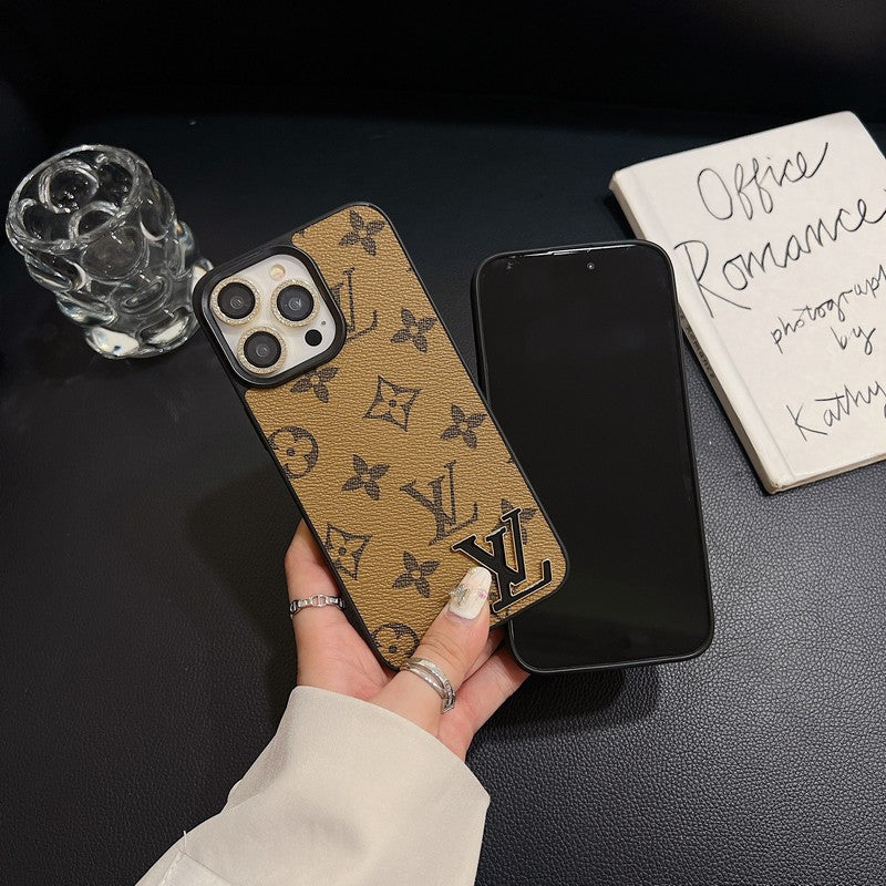 Funda de lujo para iPhone de cuero con logotipo negro