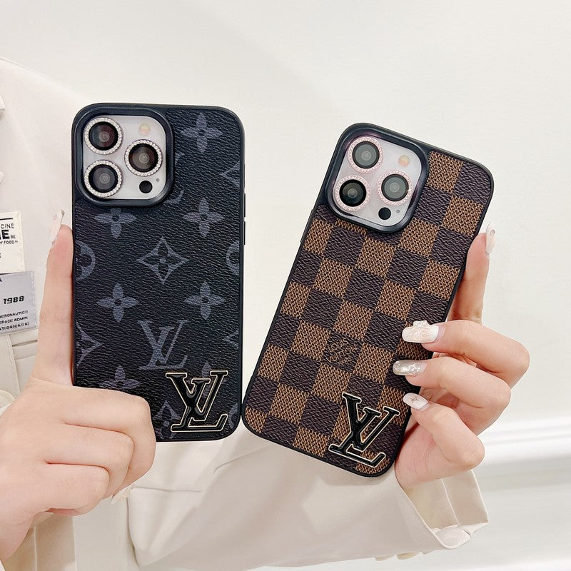 Funda de lujo para iPhone de cuero con logotipo negro