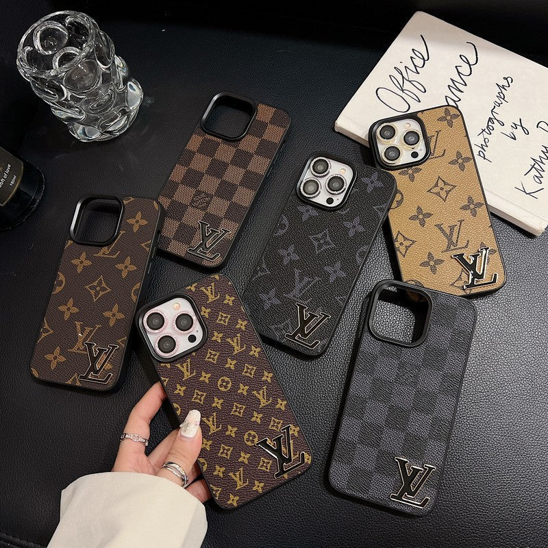 Funda de lujo para iPhone de cuero con logotipo negro