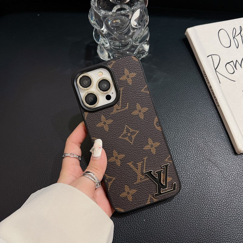 Funda de lujo para iPhone de cuero con logotipo negro