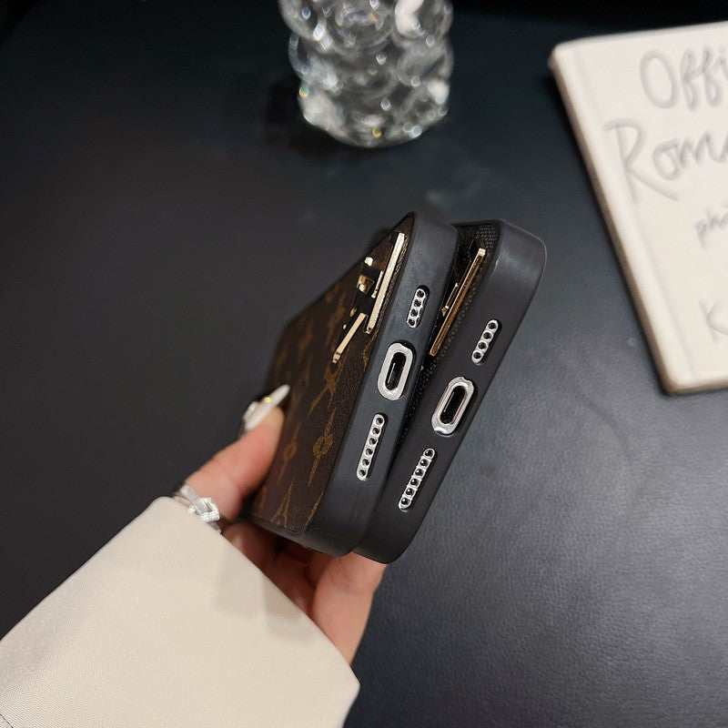 Funda de lujo para iPhone de cuero con logotipo negro