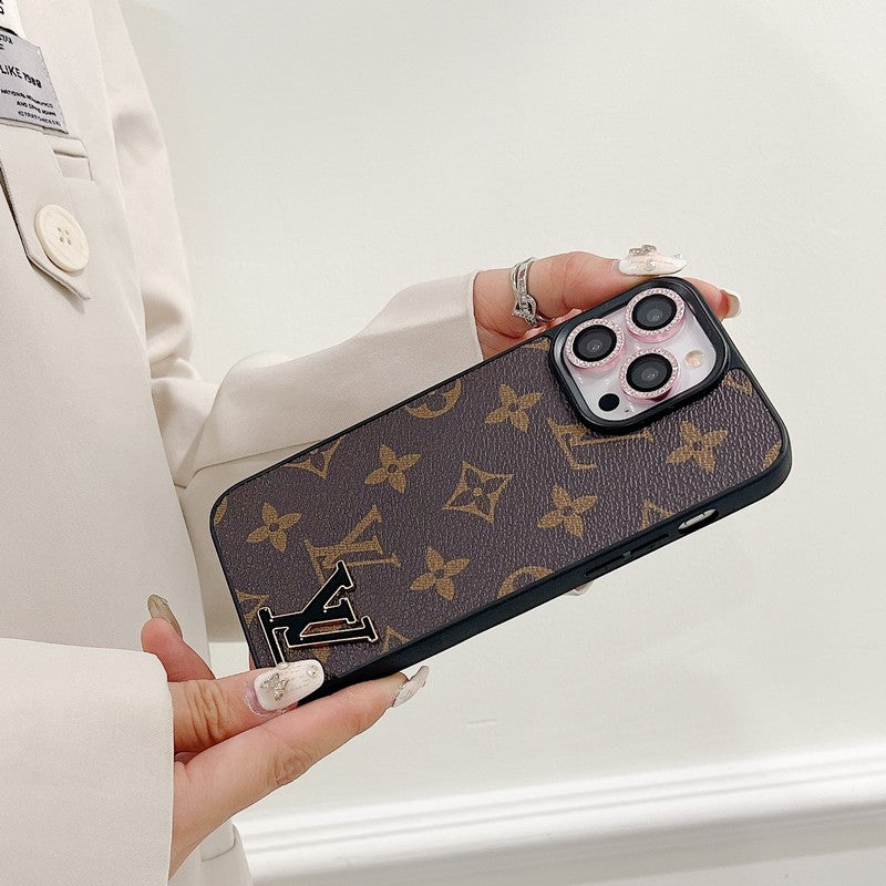 Funda de lujo para iPhone de cuero con logotipo negro