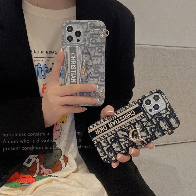 Mode zwart en grijs stoffen kaarttasje Crossbody iPhone-hoesje