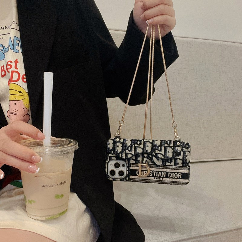 Mode zwart en grijs stoffen kaarttasje Crossbody iPhone-hoesje