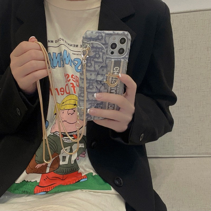 Mode zwart en grijs stoffen kaarttasje Crossbody iPhone-hoesje