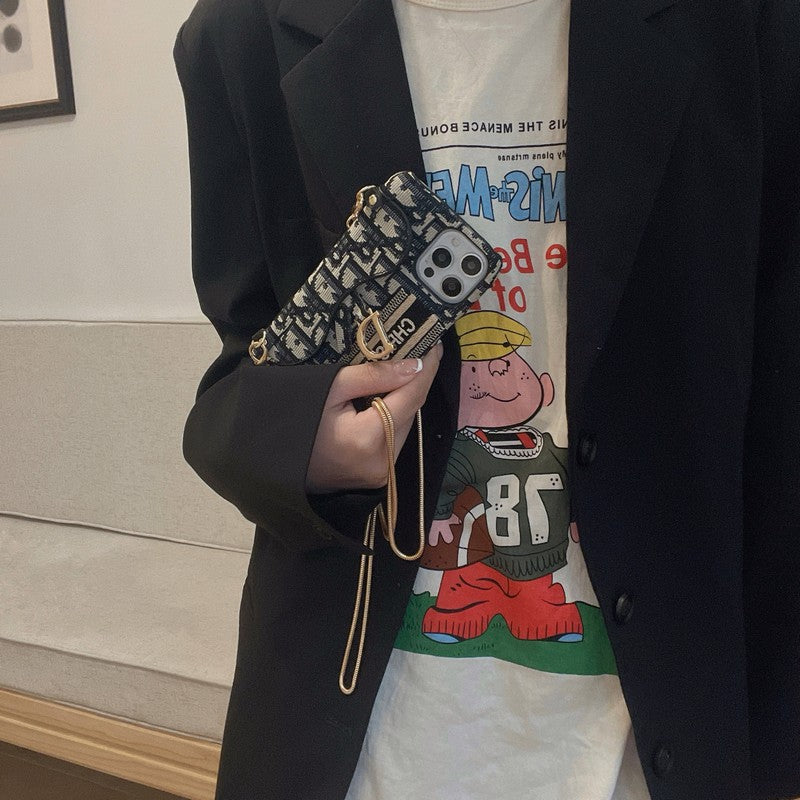 Mode zwart en grijs stoffen kaarttasje Crossbody iPhone-hoesje