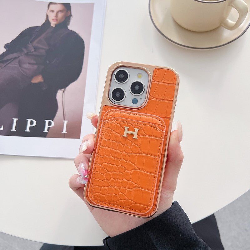 Funda de iPhone de cuero dorado rosa H