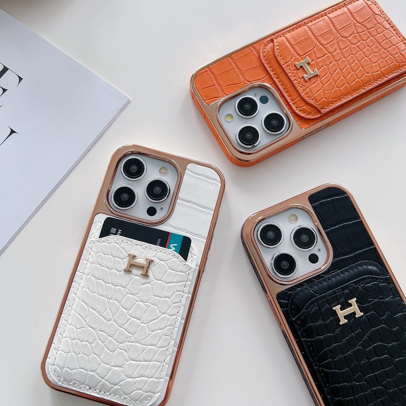 Funda de iPhone de cuero dorado rosa H