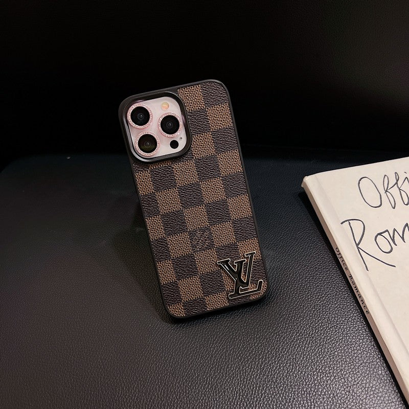 Funda de lujo para iPhone de cuero con logotipo negro