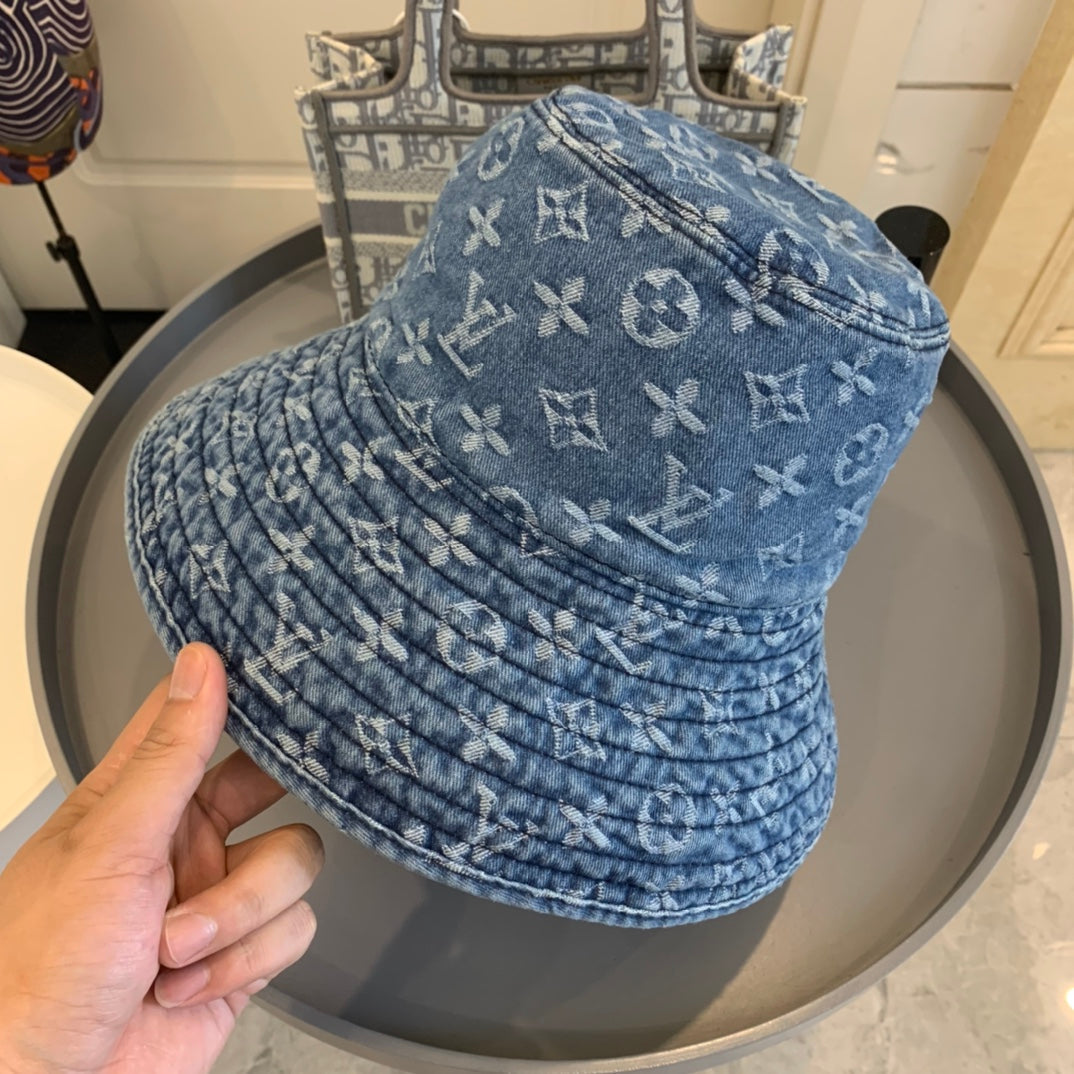 Ylellinen Monogrammi leveälierinen denim aurinkohattu | Ylellinen design-UV-suojahattu