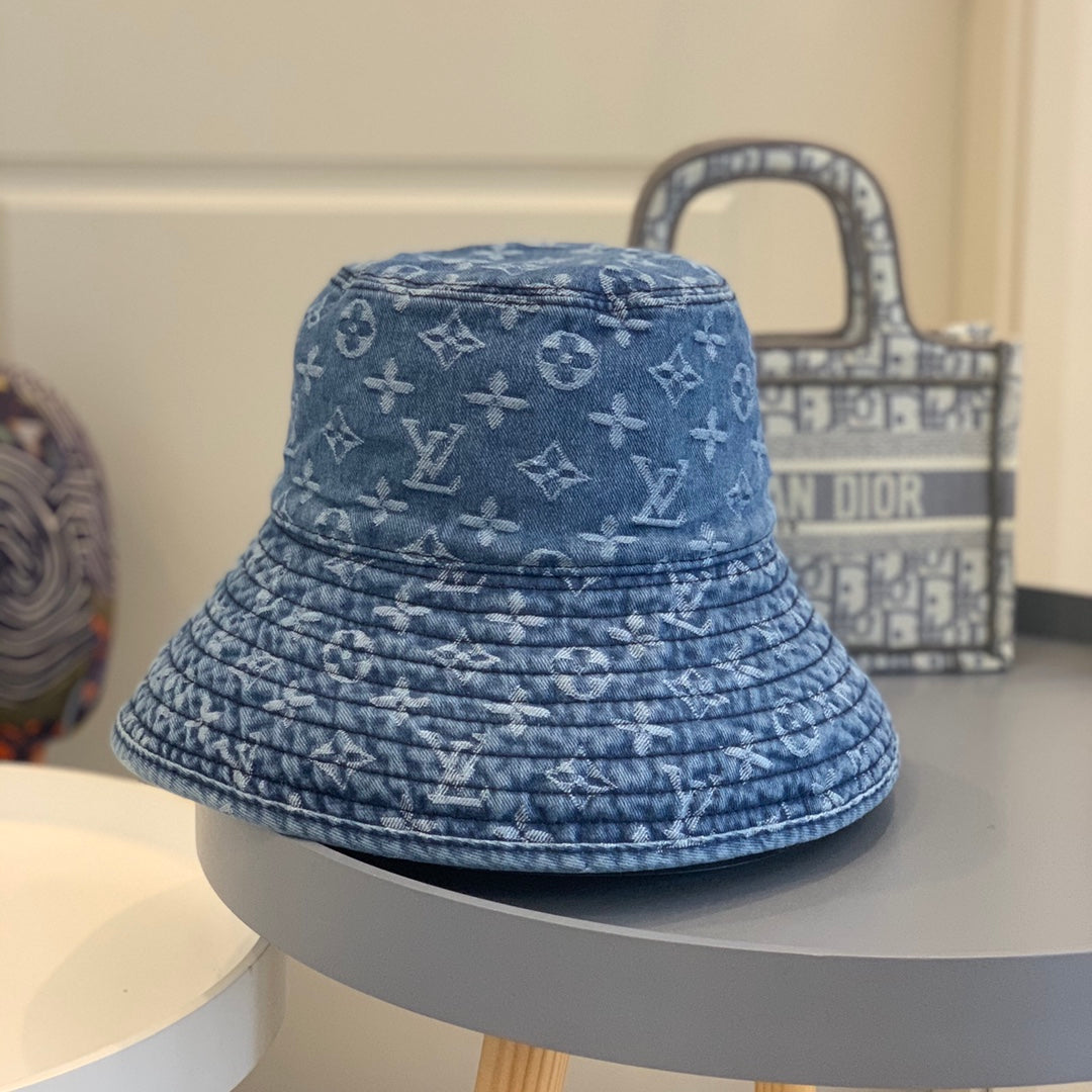 Ylellinen Monogrammi leveälierinen denim aurinkohattu | Ylellinen design-UV-suojahattu