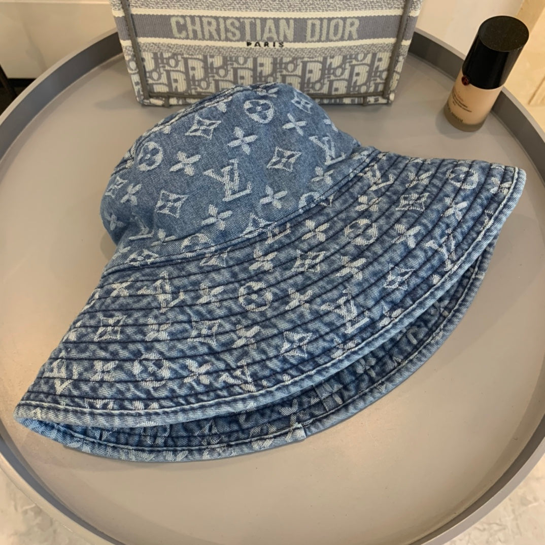 Ylellinen Monogrammi leveälierinen denim aurinkohattu | Ylellinen design-UV-suojahattu