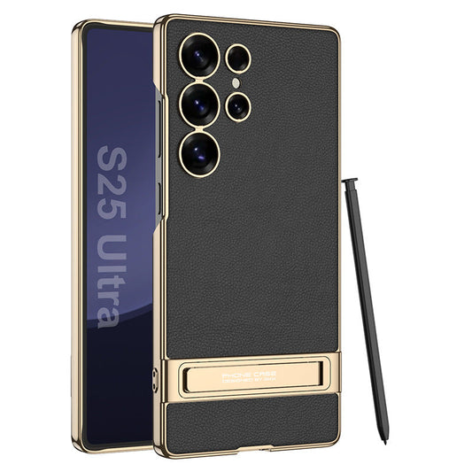 Leather Electroplated Protective Phone Case With Invisible Holder For Galaxy S26 S25 S24 S23 Ultra Plus