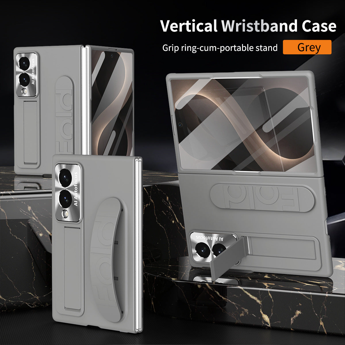 Funda para teléfono Armor con vidrio templado incorporado, soporte oculto y correa para la muñeca para Galaxy Z Fold 8/7/6/5/4