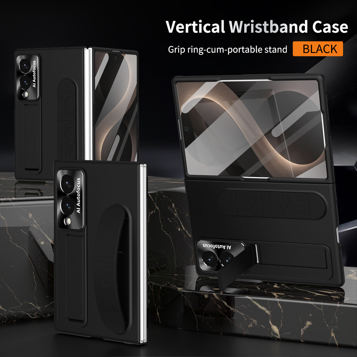 Funda para teléfono Armor con vidrio templado incorporado, soporte oculto y correa para la muñeca para Galaxy Z Fold 8/7/6/5/4