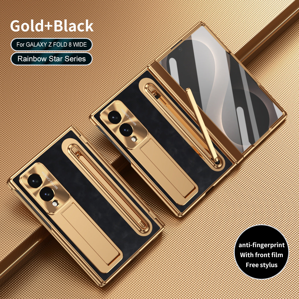 Galaxy Z Fold 8/7/6/5/4 Wide Ultra用強化ガラス&スタイラス内蔵ゴールデン電着レザー電話ケース