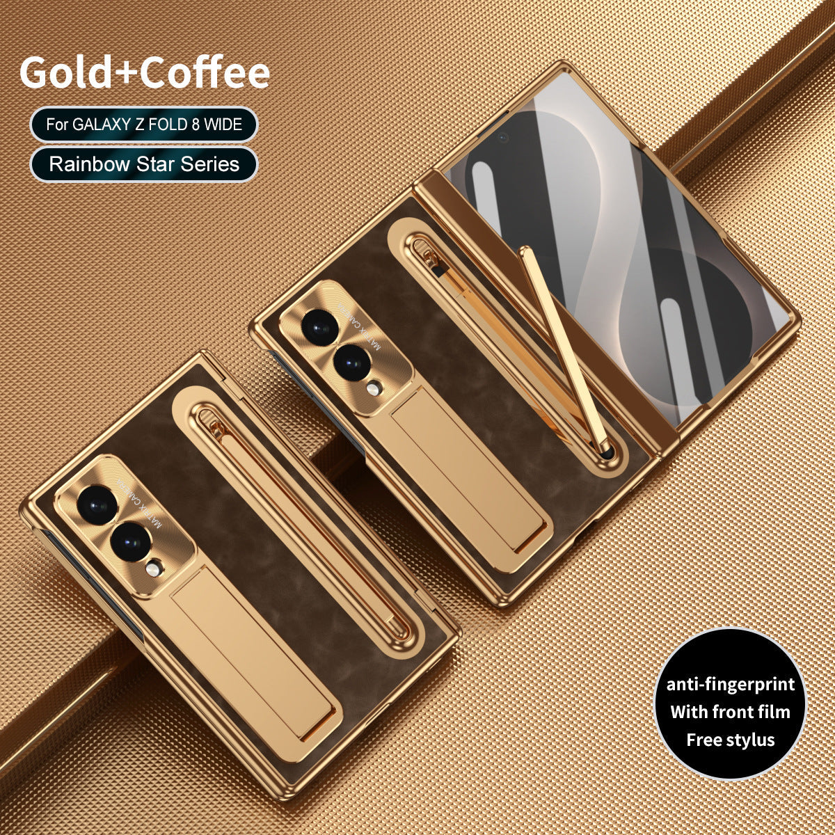 Galaxy Z Fold 8/7/6/5/4 Wide Ultra用強化ガラス&スタイラス内蔵ゴールデン電着レザー電話ケース