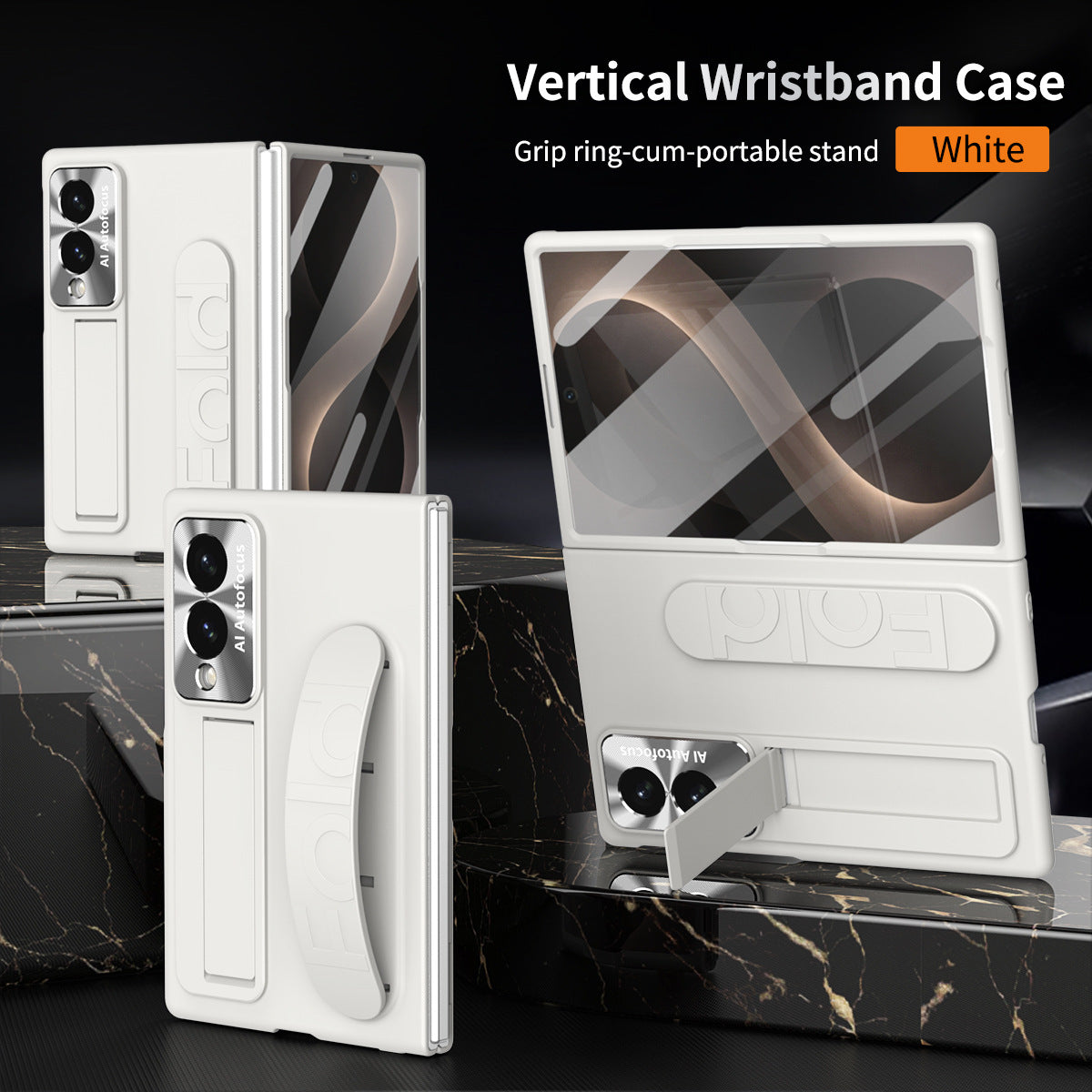 Funda para teléfono Armor con vidrio templado incorporado, soporte oculto y correa para la muñeca para Galaxy Z Fold 8/7/6/5/4