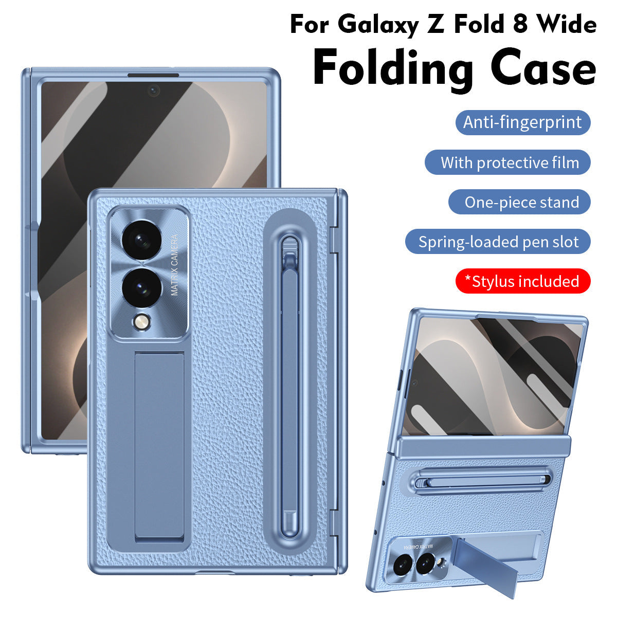Galaxy Z Fold 8/7/6/5/4 Wide Ultra用強化ガラス&スタイラス内蔵ゴールデン電着レザー電話ケース