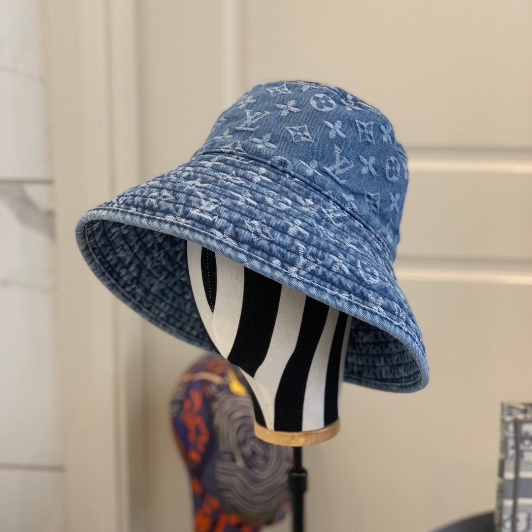 Ylellinen Monogrammi leveälierinen denim aurinkohattu | Ylellinen design-UV-suojahattu
