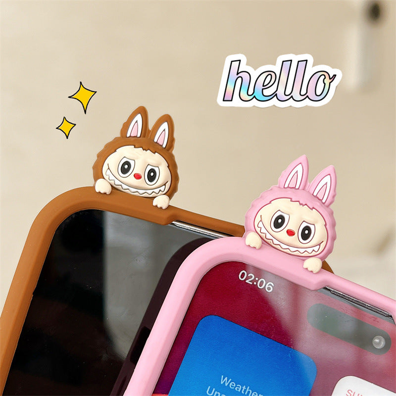 Funda de silicona 3d Labubu de dibujos animados lindo | Marrón Rosa - Funda para iPhone