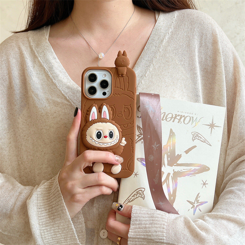 Funda de silicona 3d Labubu de dibujos animados lindo | Marrón Rosa - Funda para iPhone